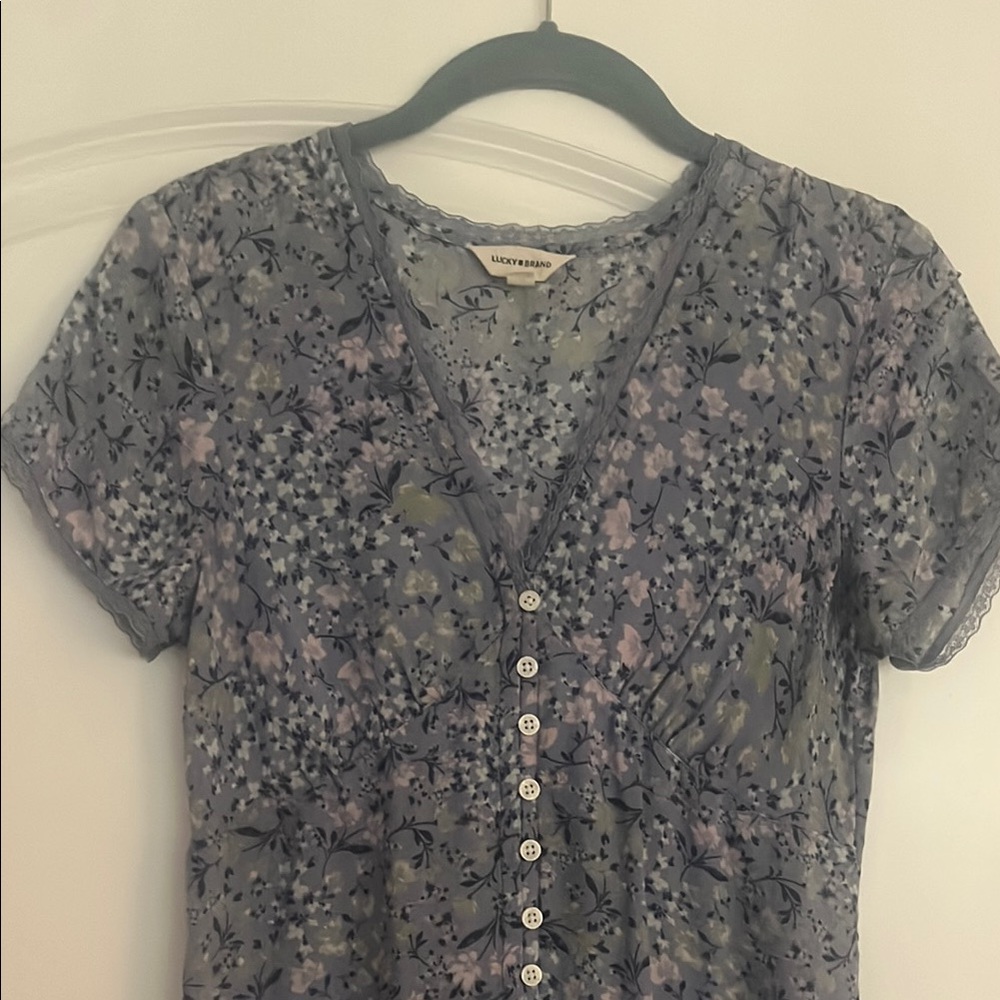 Lucky Brand Blue and Pink Floral Button-Up Top